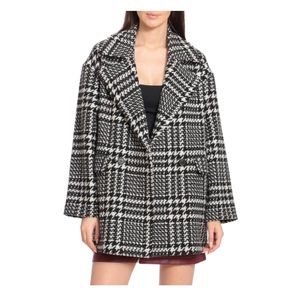 NWOT Avec Les Filles Oversized Wool Blend Plaid Houndstooth Coat Black White XS